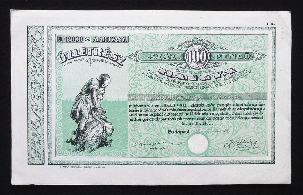 Hangya Sz�vetkezet alap�tv�nyi �zletr�sz 100 peng� 1928